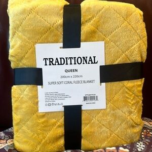 Super Soft Coral Fleece Blanket Queen Golden Yellow embossed